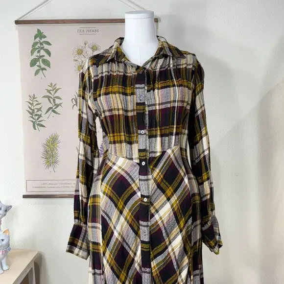 Natural Life Plaid Maxi Shirt Dress Fairy Grunge Whimsigoth Lagenlook Boho M - Picture 3 of 8